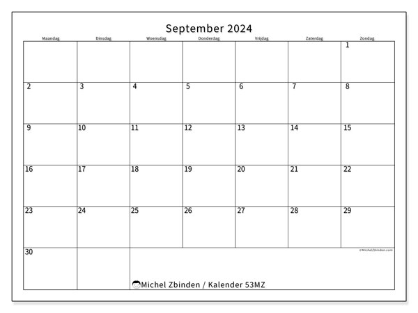Kalender september 2024, 53ZZ. Gratis afdrukbare kalender.