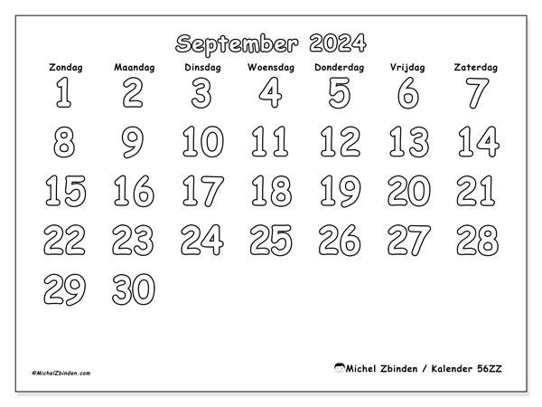 Kalender september 2024, 56ZZ. Gratis afdrukbare kalender.
