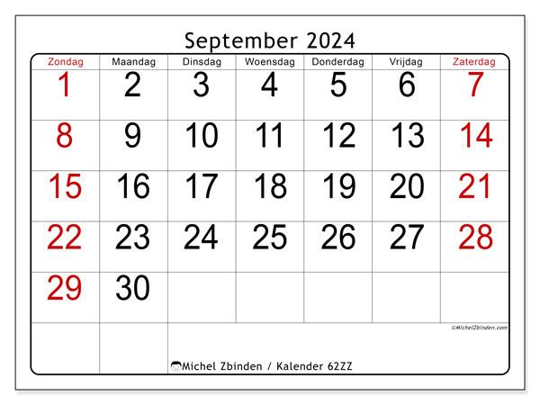 Kalender september 2024, 62ZZ. Gratis afdrukbare kalender.