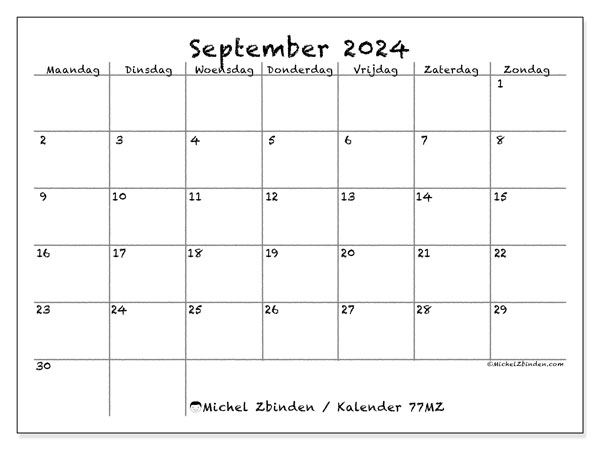 Kalender september 2024, 77ZZ. Gratis afdrukbare kalender.