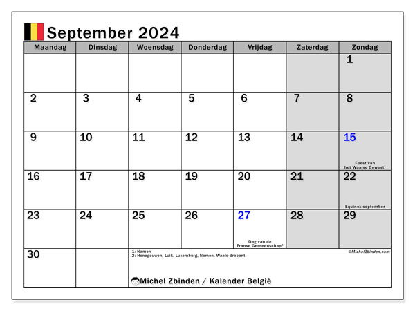 Kalender september 2024, Belgien (NL). Schema för gratis utskrift.