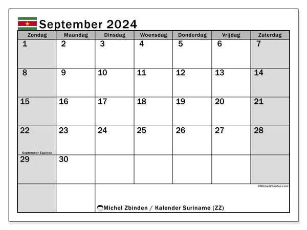 Kalender september 2024 “Suriname”. Gratis printbaar schema.. Zondag tot zaterdag