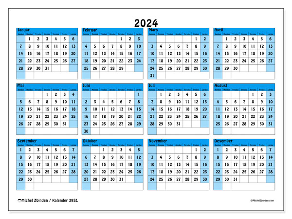 Årskalender 2024, 39SL. Gratis plan for utskrift.