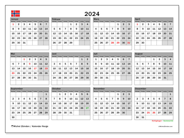 Kalender 2024, Norge (NO). Gratis kalender til print.