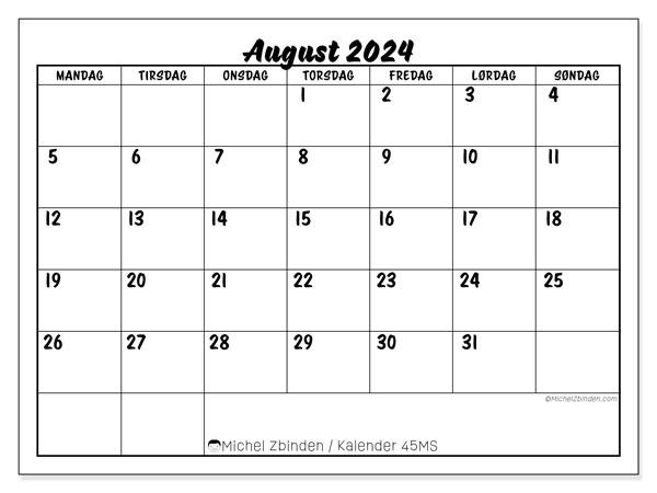 Kalender august 2024, 45SL. Gratis plan for utskrift.