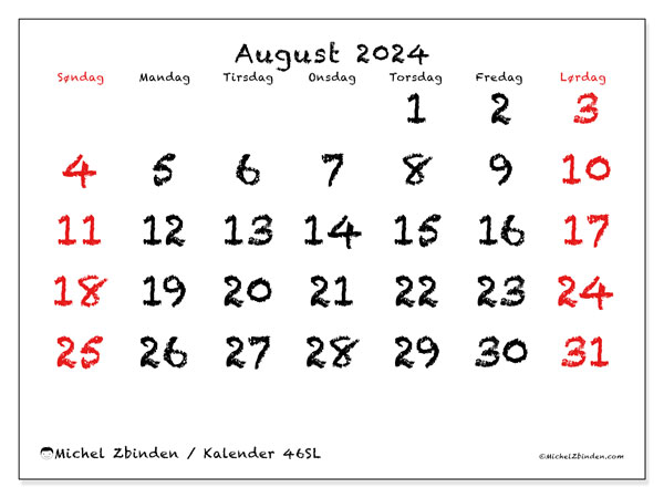 Kalender august 2024, 46SL. Gratis plan for utskrift.