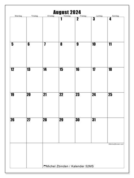 Kalender august 2024, 52MS. Gratis plan for utskrift.