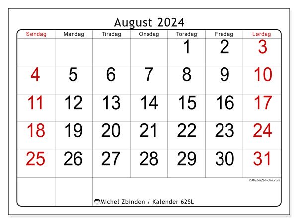 Kalender august 2024, 62SL. Gratis plan for utskrift.
