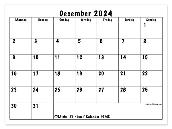 Kalender desember 2024, 48MS. Gratis journal for utskrift.
