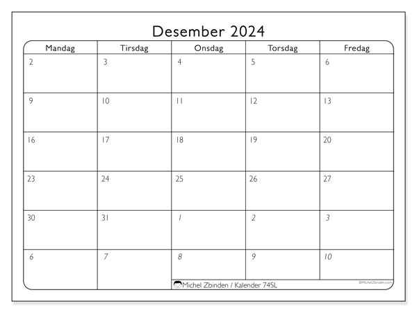Kalender desember 2024, 74SL. Gratis journal for utskrift.