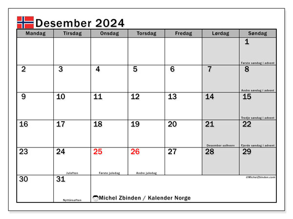 Kalender desember 2024 “Norge”. Gratis journal for utskrift.. Mandag til søndag
