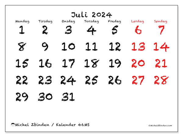 Kalender juli 2024, 46SL. Gratis plan for utskrift.