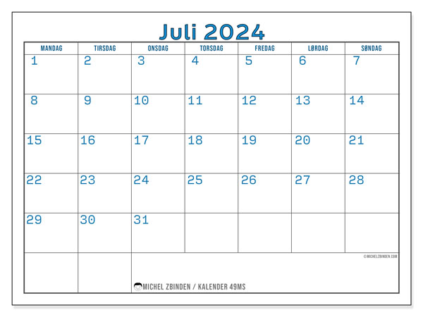 Kalender juli 2024, 49MS. Gratis plan for utskrift.