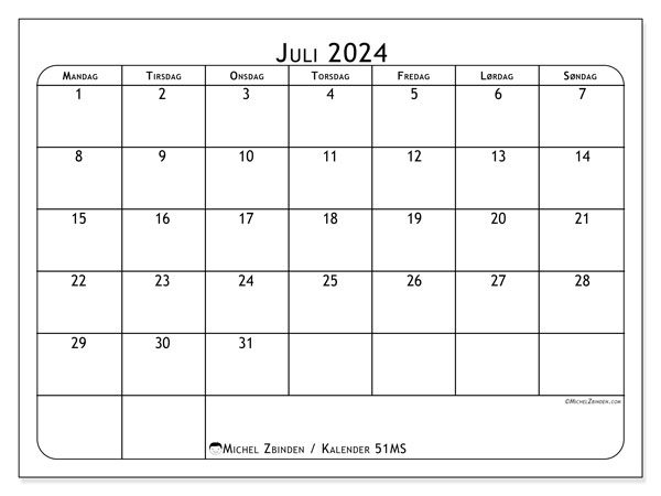 Kalender juli 2024, 51MS. Gratis plan for utskrift.