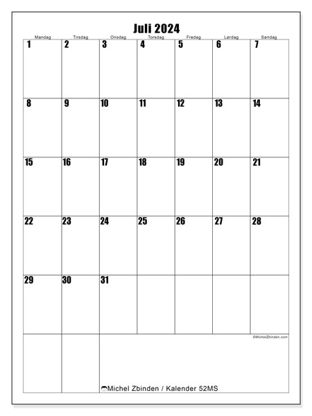 Kalender juli 2024, 52SL. Gratis plan for utskrift.