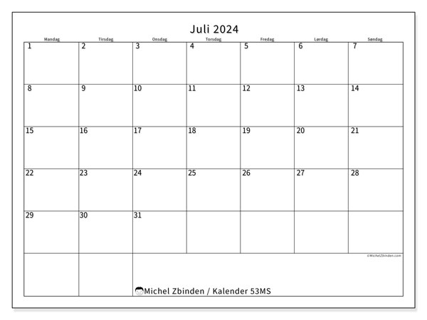 Kalender juli 2024, 53SL. Gratis plan for utskrift.