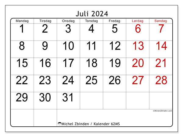 Kalender juli 2024, 62MS. Gratis plan for utskrift.