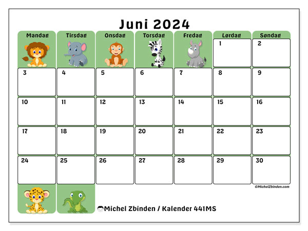 Kalender juni 2024, 441MS. Gratis journal for utskrift.