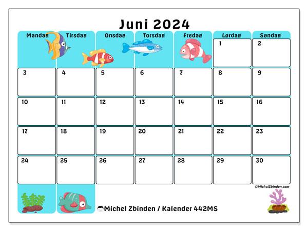 Kalender juni 2024 “442”. Gratis kalender for utskrift.. Mandag til søndag