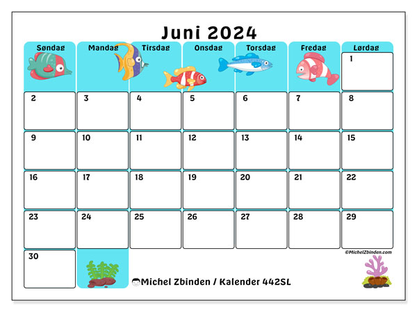 Kalender juni 2024 “442”. Gratis kalender for utskrift.. Søndag til lørdag