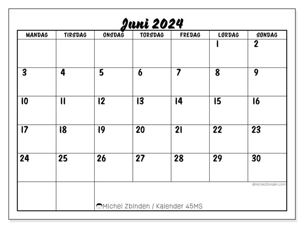 Kalender juni 2024, 45SL. Gratis journal for utskrift.