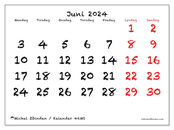 Kalender juni 2024, 46MS. Gratis journal for utskrift.