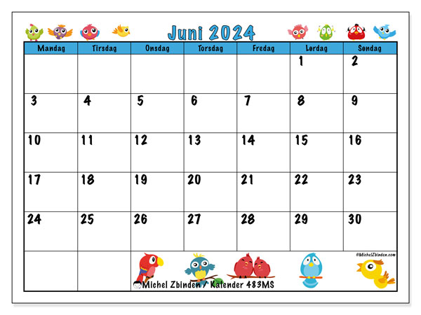 Kalender juni 2024, 483MS, klar til utskrift og gratis.