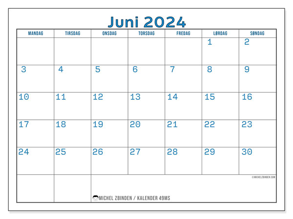 Kalender juni 2024, 49SL. Gratis journal for utskrift.