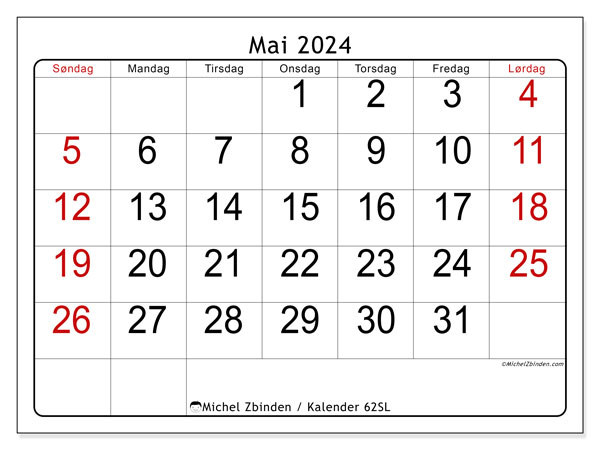 Kalender mai 2024, 62SL. Gratis program for utskrift.