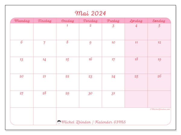 Kalender mai 2024, 63MS. Gratis program for utskrift.