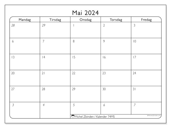 Kalender mai 2024, 74SL. Gratis program for utskrift.