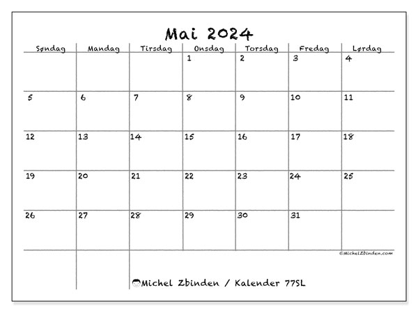 Kalender mai 2024, 77SL. Gratis program for utskrift.