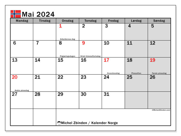 Kalender mai 2024 “Norge”. Gratis program for utskrift.. Mandag til søndag