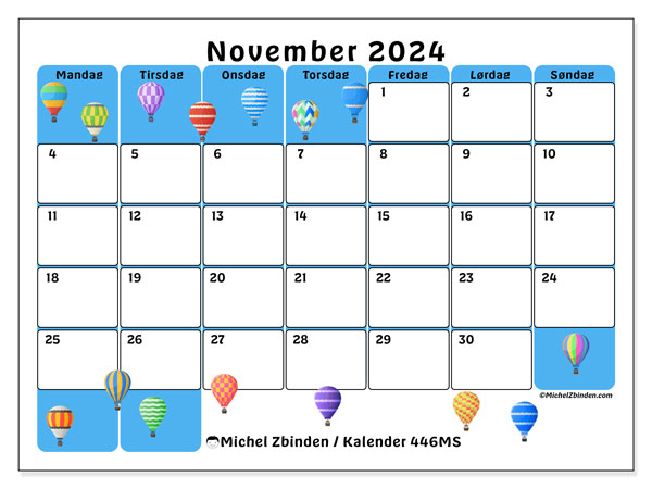 Kalender november 2024, 446MS. Gratis journal for utskrift.