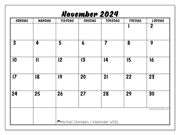 Kalender november 2024, 45SL. Gratis journal for utskrift.