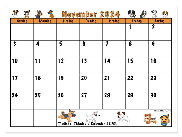 Kalender november 2024, 482SL. Gratis journal for utskrift.