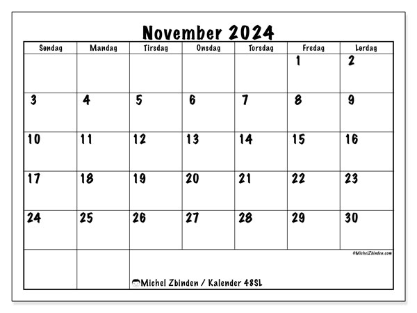 Kalender november 2024, 48SL. Gratis journal for utskrift.