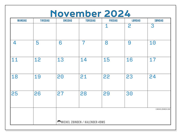 Kalender november 2024, 49MS. Gratis journal for utskrift.