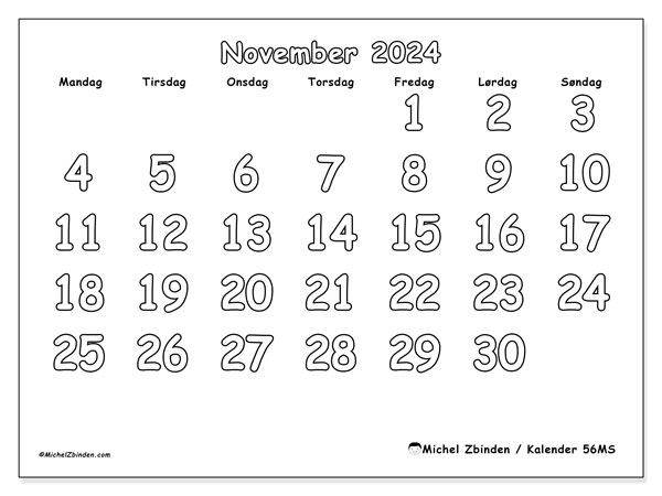Kalender november 2024, 56MS. Gratis journal for utskrift.