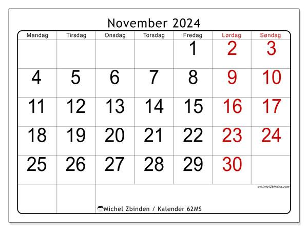 Kalender november 2024, 62SL. Gratis journal for utskrift.