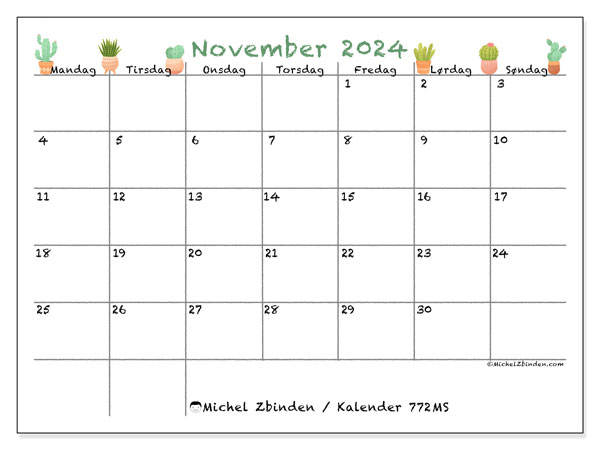 Kalender november 2024, 772MS. Gratis journal for utskrift.