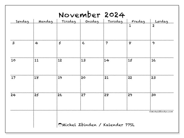 Kalender november 2024, 77SL. Gratis journal for utskrift.