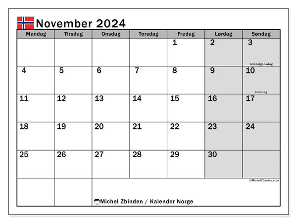 Kalendarz listopad 2024, Norwegia (NO). Darmowy kalendarz do druku.