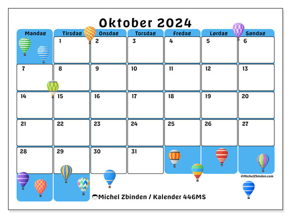 Kalender oktober 2024, 446MS. Gratis kalender for utskrift.