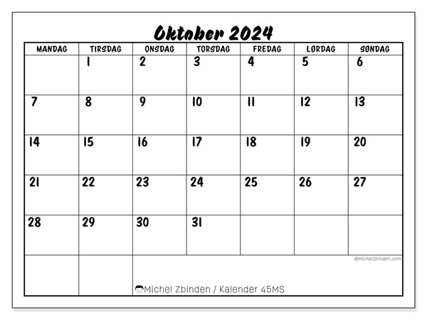 Kalender oktober 2024, 45SL. Gratis kalender for utskrift.