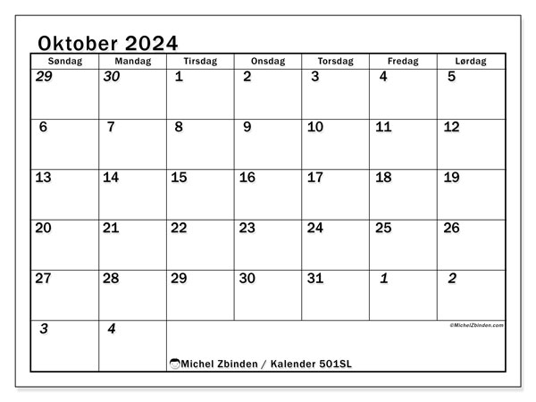 Kalender oktober 2024, 501SL. Gratis kalender for utskrift.