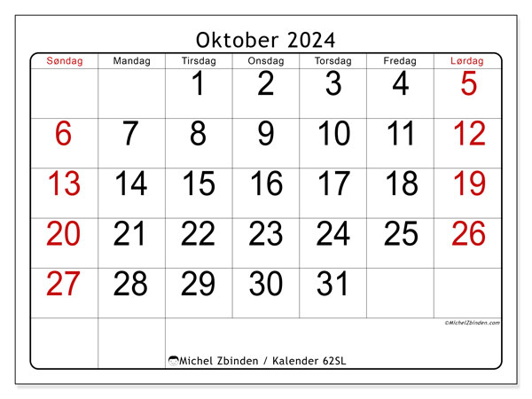 Kalender oktober 2024, 62SL. Gratis kalender for utskrift.