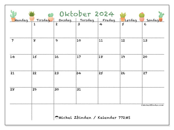 Kalender oktober 2024, 772MS. Gratis kalender for utskrift.