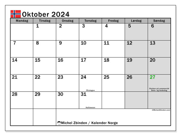 Kalendarz październik 2024, Norwegia (NO). Darmowy terminarz do druku.