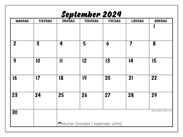 Kalender september 2024, 45MS. Gratis plan for utskrift.